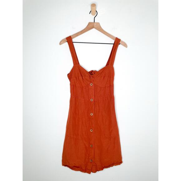 Maeve Linen Twist Front Mini Dress XS Burnt Orange Tie Back Bow Cottagecore - Picture 4 of 12